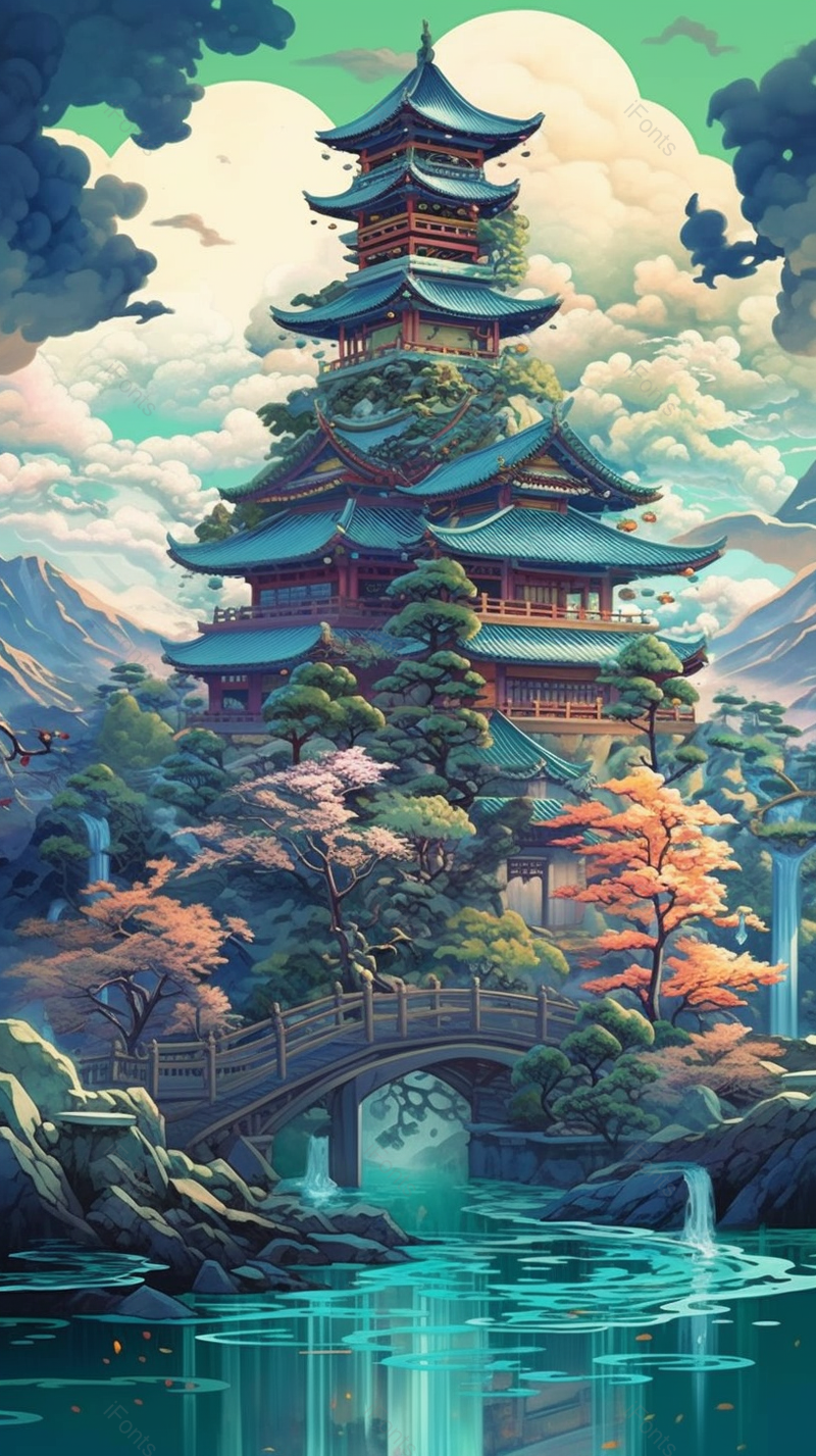 池塘拱桥中式建筑风景画,插画/手绘图,插画/手绘图库,插画/手绘图下载,插画/手绘